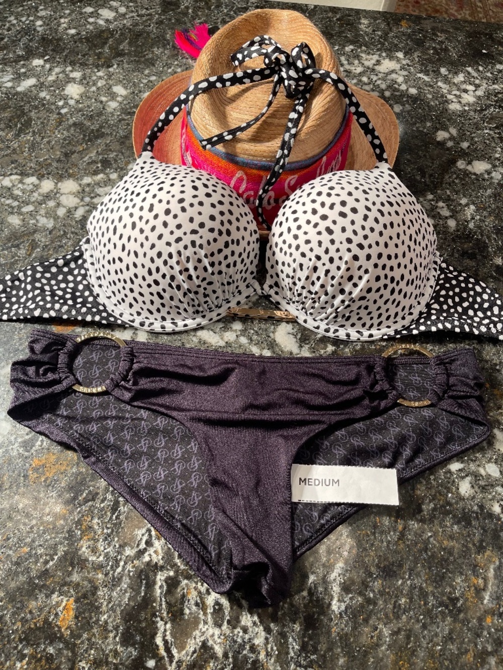Like New VS bikini bombshell 34D/M panther top and M hoop bottoms